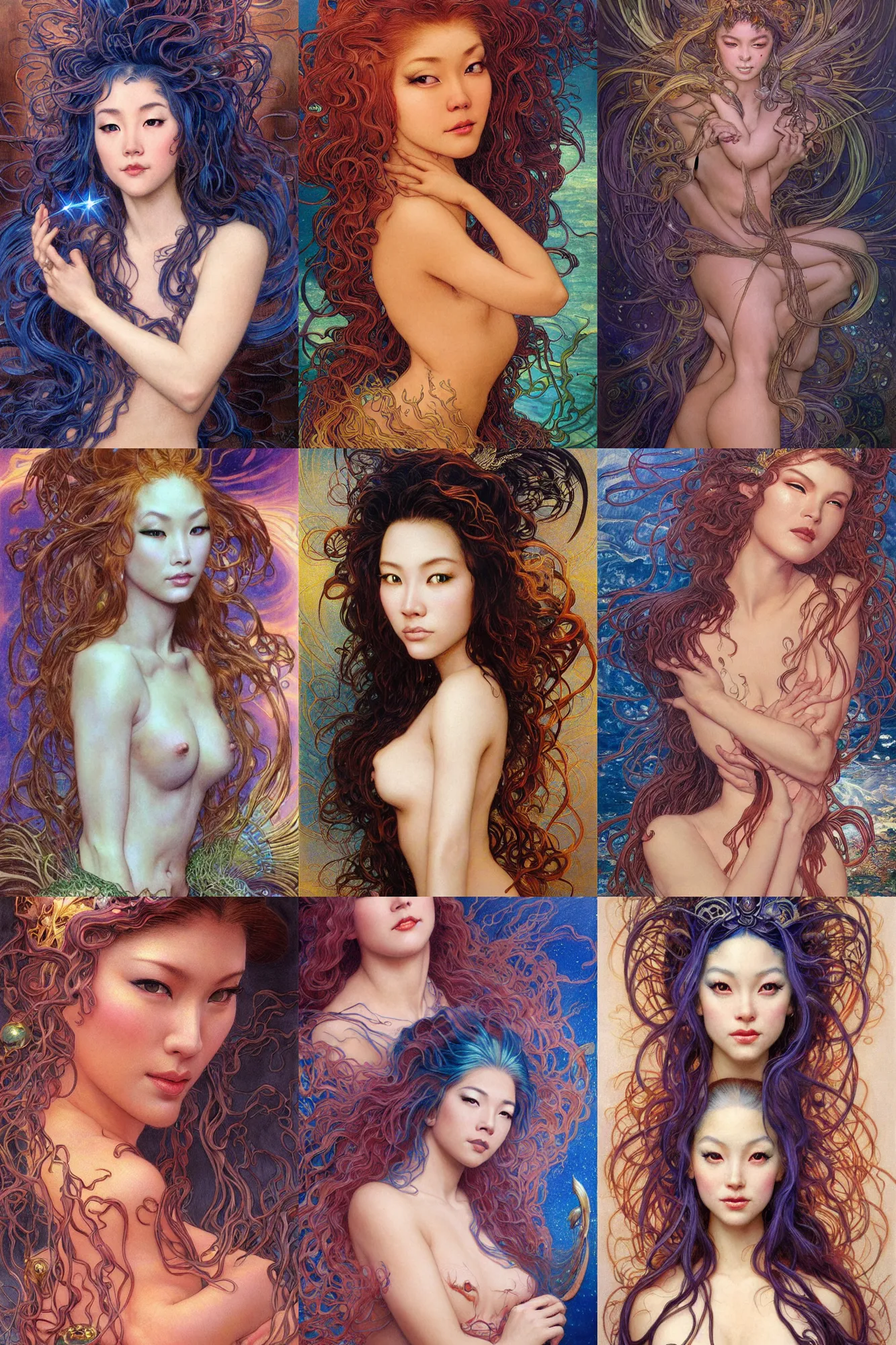 Prompt: stunning, breathtaking, awe-inspiring award-winning realistic concept art face portrait painting of mermaid Ashley Liao as a goddess of lasers, sparks, by Julie Bell, Jean Delville, Virgil Finlay, Alphonse Mucha, Ayami Kojima, Amano, Charlie Bowater, Karol Bak, Greg Hildebrandt, Jean Delville, Frank Frazetta, Peter Kemp, and Pierre Puvis de Chavannesa, Art Nouveau, Neo-Gothic, gothic, rich deep colors, cyberpunk, extremely moody lighting, glowing light and shadow, atmospheric, shadowy, cinematic, 8K