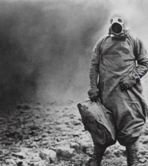 Image similar to man in a anti-radiation hazmat suit and gasmask in radioactive zone, ww1 film photo, grainy, high detail, high resolution