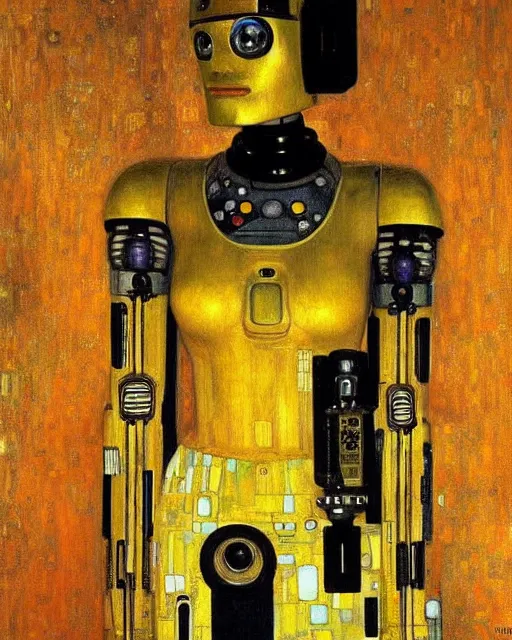 Image similar to Portrait of a droid from iRobot by Gustav Klimt, cyberpunk noir, baroque elements, intricate artwork by caravaggio, aesthetic, intricate, highly detailed, masterpiece