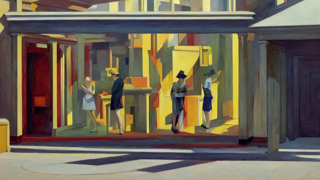 Image similar to Street art. paralyzed by the indescribable beauty of the cosmos. facade of the entrance to the art gallery exhibition. art style by Edward Hopper daring, incredible