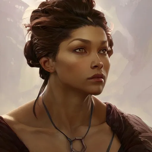 Prompt: beautiful, very strong, mixed race, female, aged 4 0, face, no makeup, head shot, fantasy, highly detailed, digital painting, artstation, concept art, smooth, sharp focus, illustration, art by brom and greg rutkowski and alphonse mucha