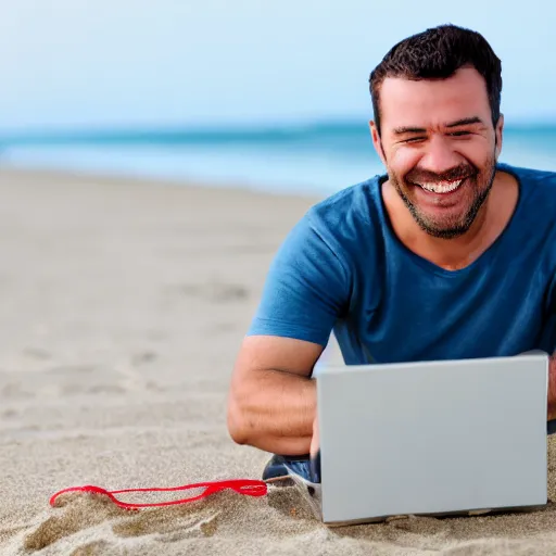 Image similar to photo of happy man working on laptop at beach, perfect face, fine details, 4 k, bokeh