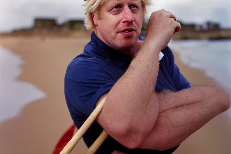 Image similar to closeup portrait of boris johnson at the beach moving britain with an oar, natural light, sharp, detailed face, magazine, press, photo, steve mccurry, david lazar, canon, nikon, focus