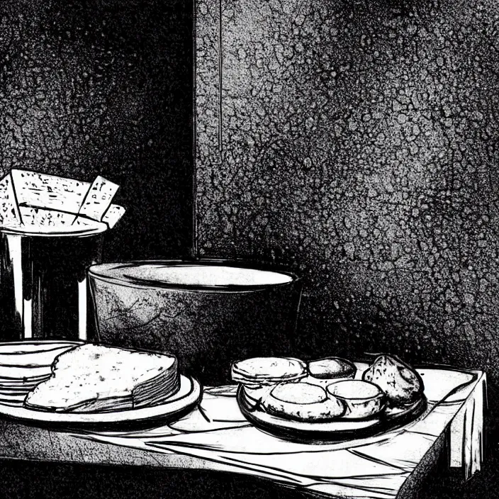 Image similar to extreme close - up on a table : poor quality bread, water, and gruel. background : black tiles on walls. black and white, pencil and ink. by gabriel hardman, joe alves, chris bonura. cinematic atmosphere, detailed and intricate, perfect anatomy