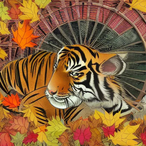 Image similar to a highly detailed cartoon cute tiger flapping a fan under sun, autumn leaves on the ground, concise lines, ultradetailed environment, sharp focus, cinematic lighting, by alphonse maria mucha and kim jung gi