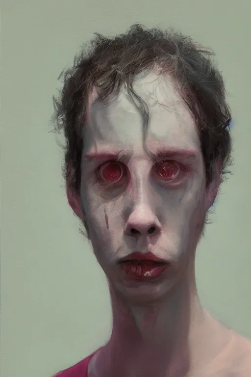 Image similar to todd solondz, a portrait of sick and thin todd solondz, clear todd solondz face, dreaming of kissing a girl, sad and lonley, vivid colors, soft lighting, atmospheric, cinematic, moody, in the style of jenni saville and krenz cushart, oil on canvas, 8 k