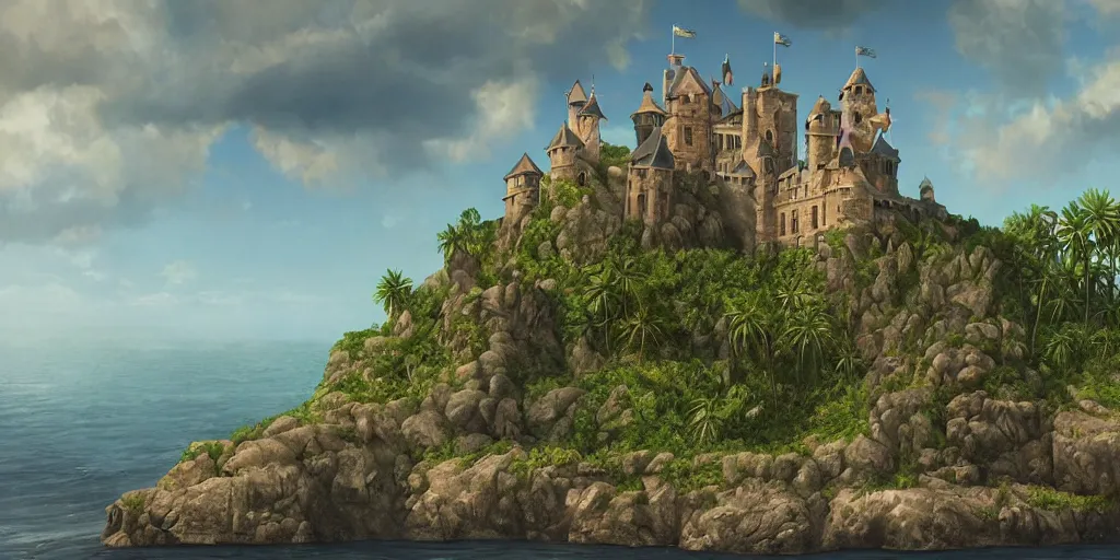 Image similar to matte painting a stunning landscape of a castle on a lost island on a sunny day by brian k. vaughan