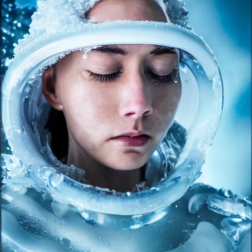 Prompt: futuristic female soldier eyes closed partly submerged in rippling viscous clear fluid, white eyelashes, oil sleek surface, frost roses, ice needles, cold blue light, complex hyperdetailed technical suit. white hair flowing, frosty breath, ultra realistic, wide angle.