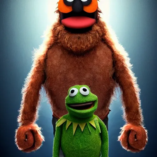 Image similar to a still of a forgotten muppet character looking very manly and modern, hilarious, laughing, hairy chest, huge chin, manly monster tough guy, roughled fur, photo real, photographic, photograph, artstation, trending, featured