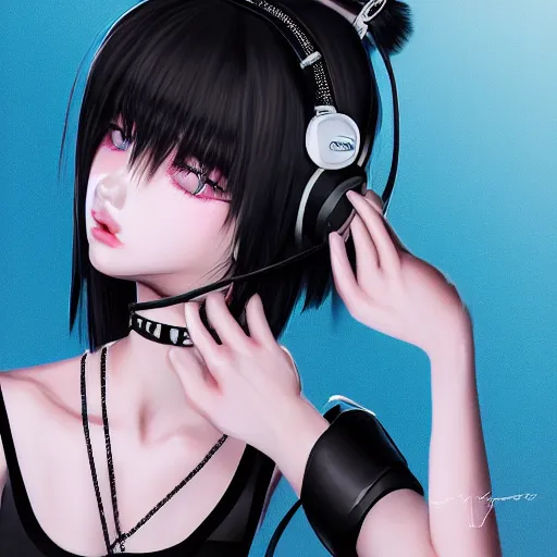 Image similar to realistic teasing detailed semirealism beautiful gorgeous cute Blackpink Lalisa Manoban white hair white cat ears blue eyes, wearing black camisole outfit, headphones, black leather choker full HD 4K high resolution quality WLOP, Aztodio, Taejune Kim, Guweiz, Pixiv, Instagram, Artstation