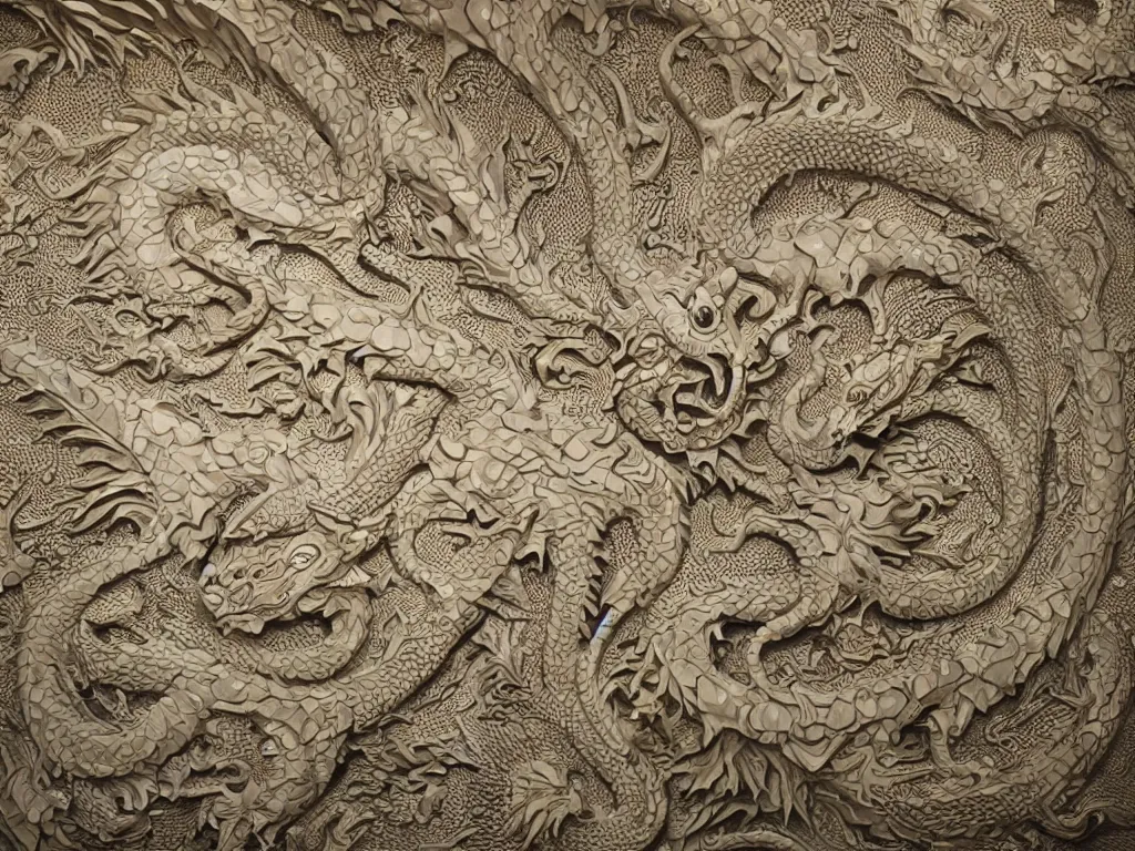 Prompt: dragon ivory wall carving,intricate fractal abstraction, artstation, John Kenn Mortensen, Mat Collishaw, complex, ultradetailed and intricate, high resolution