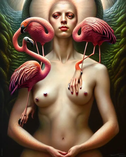 Image similar to a detailed portrait of dreampunk flamingo python hybrid mix beautiful! goddess by tomasz alen kopera and peter mohrbacher