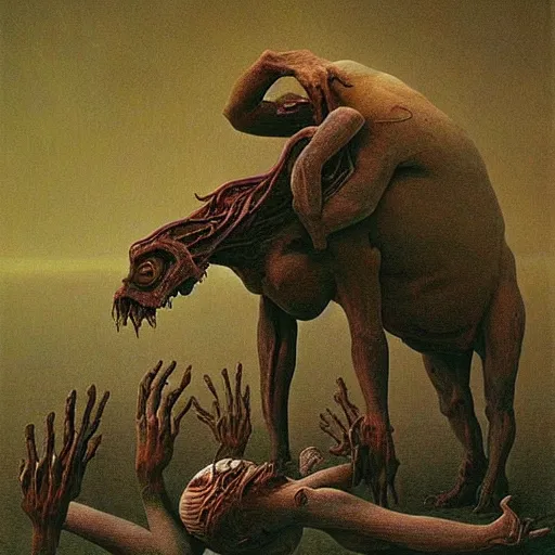 Prompt: horrifying creatures devouring humans painting by Zdzisław Beksiński