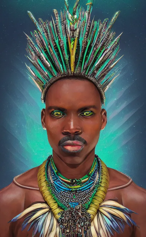 Image similar to upper half portrait of retro futuristic african tribal chief - embellished with vegetation and iridescent crystals, art by paschal blanche, highly detailed, digital painting, concept art, illustration, smooth sharp focus, intricate, symmetry, artstation, colourful,