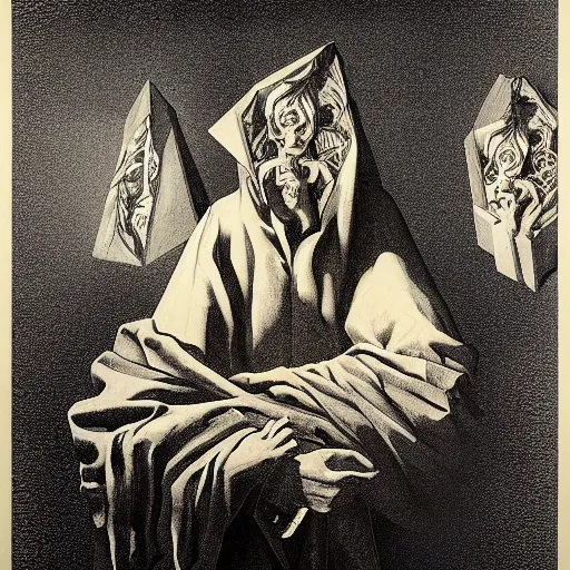 Image similar to lithography on paper secret lair conceptual figurative post - morden monumental dynamic portrait by goya and escher and hogarth, illusion surreal art, highly conceptual figurative art, intricate detailed illustration, controversial poster art, polish poster art, geometrical drawings, no blur