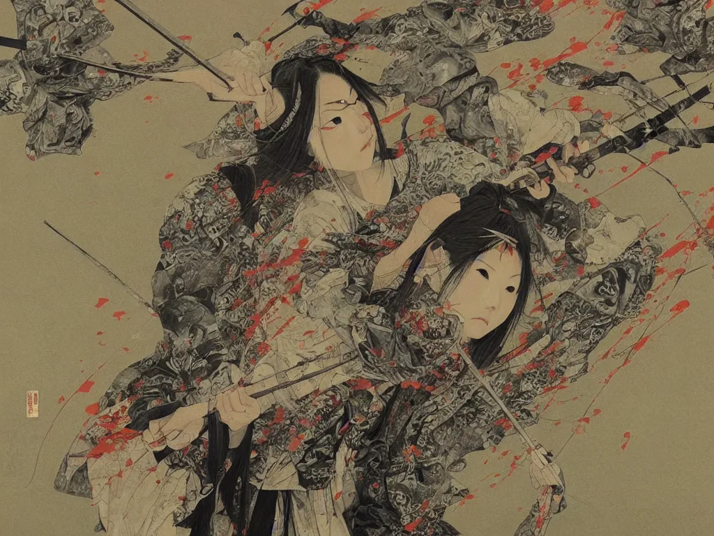 Image similar to Japanese schoolgirl runs away from Samurai with a katana on the subway, high detailed Beksinski painting, part by Adrian Ghenie and Gerhard Richter. art by Takato Yamamoto. masterpiece