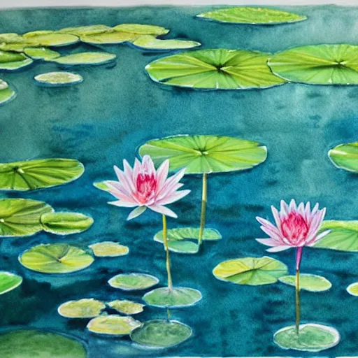 Image similar to watercolour painting of waterlilies with a teal background