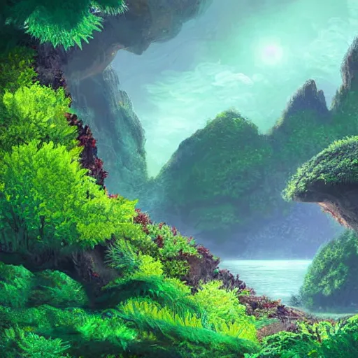 Prompt: digital painting of a lush natural scene on an alien planet by murayama hideo. digital render. detailed. beautiful landscape. colourful weird vegetation. cliffs and water.