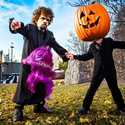 Image similar to peter dinklage trick or treating on halloween, ( sony a 7 r iv, symmetric balance, polarizing filter, photolab, lightroom, 4 k, dolby vision, photography awardm, voque, perfect face )