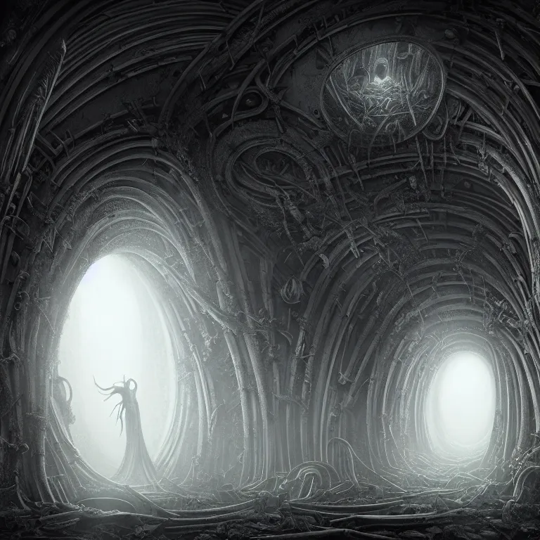 Prompt: symmetrical tunnel inside abandoned ancient alien spaceship covered with ribbed spinal tubes, surreal abandoned buildings, dream-like heavy atmosphere, baroque painting, beautiful detailed intricate insanely detailed octane render trending on Artstation, 8K artistic photography, photorealistic, volumetric cinematic light, chiaroscuro, Raphael, Caravaggio, Beksinski, Giger