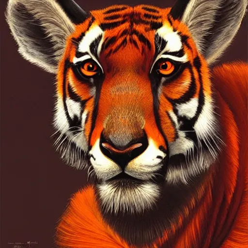 Image similar to a dramatic head portrait of a antelope in!!! tiger!!! skin, cinematic lighting, symmetric face by karol bak, christopher balaskas