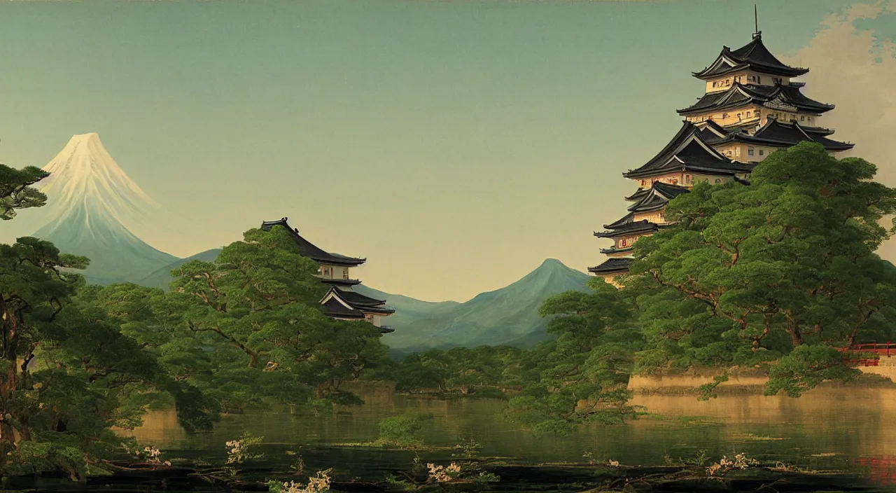 Prompt: a landscape painting of a Japanese castle, by Thomas Cole