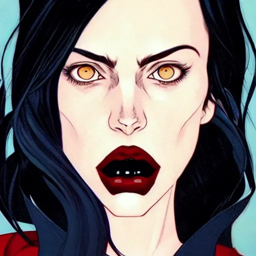 Prompt: Rafeal Albuquerque comic art, Joshua Middleton comic art, pretty female Phoebe Tonkin,l vampire, fully red eyes no pupils sharp vampire teeth evil smile, horror, symmetrical face, symmetrical eyes, pretty white dress, short black hair, full body:: snow outside::