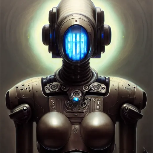 Image similar to front shot of a cyberpunk gazmask robot character, intricate, elegant, highly detailed, centered, digital painting, artstation, concept art, smooth, sharp focus, illustration, artgerm, Tomasz Alen Kopera, Peter Mohrbacher, donato giancola, Joseph Christian Leyendecker, WLOP, Boris Vallejo