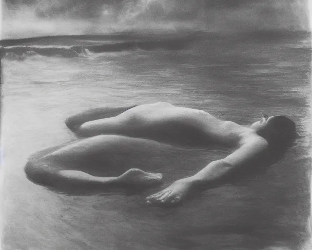 Prompt: a dreamy black and white photo of a person in the water, a surrealist painting by Nell Dorr, land art, surrealist, charcoal drawing, demonic photograph