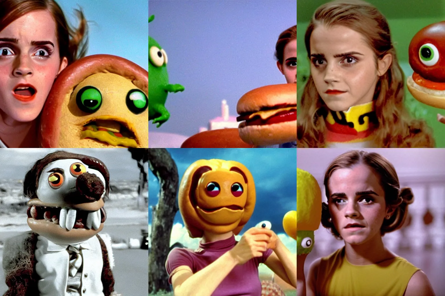 Prompt: color movie still of emma watson in'hot dog monster vs hamburger monster'by ray harryhausen