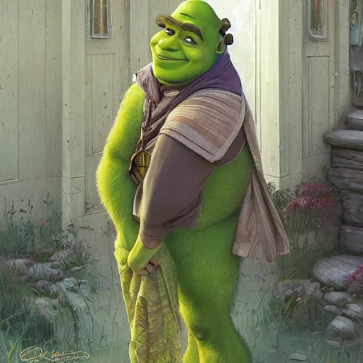 Image similar to shrek wearing jellaba playing hide and seek with the neighbors, highly detailed, digital painting, artstation, concept art, smooth, sharp focus, illustration, art by artgerm and greg rutkowski and alphonse mucha