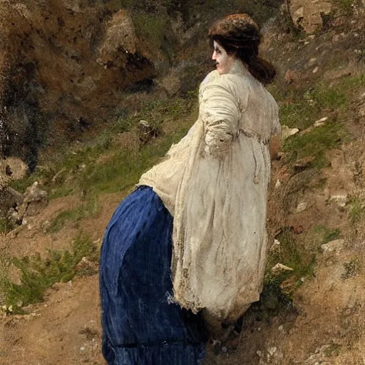 Image similar to woman in torn clothes climbing a mountain by alfred stevens