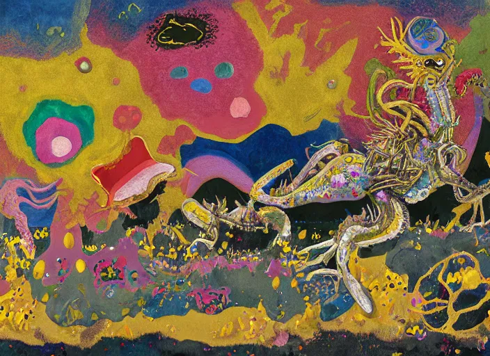 Image similar to expressionistic decollage painting golden armor alien zombie horseman riding on a crystal bone dragon broken rainbow diamond maggot horse in a blossoming meadow full of colorful mushrooms and golden foil toad blobs in a golden sunset, distant forest horizon, painted by Mark Rothko, Helen Frankenthaler, Danny Fox and Hilma af Klint, pixelated, semiabstract, color field painting, byzantine art, voxel art, pop art look, naive, outsider art. Barnett Newman painting, part by Philip Guston and Edward Robert Hughes art by Adrian Ghenie, 8k, extreme detail, intricate detail, masterpiece