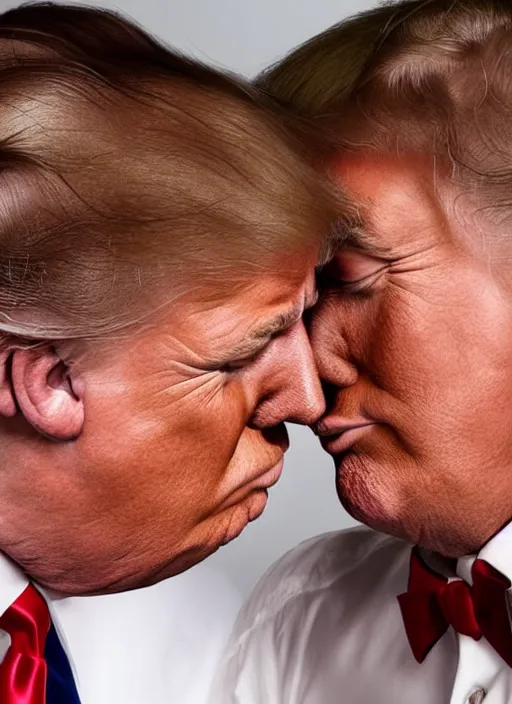 Prompt: beautiful romantic photo of two men kissing. on the left is donald trump and the right is donald trump.