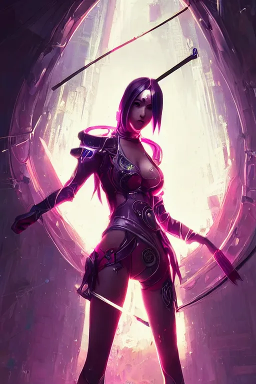 Image similar to fiora from league of legends, cyberpunk futuristic neon. fencing, long sword in her hand, decorated with traditional japanese ornaments by ismail inceoglu dragan bibin hans thoma greg rutkowski alexandros pyromallis nekro rene maritte illustrated, perfect face, fine details, realistic shaded, fine - face, pretty face, masterpiece