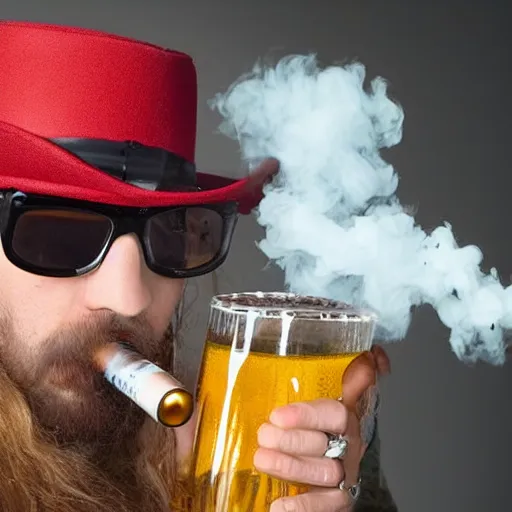 Image similar to a polygamous fox with a hat drinking beer and smoking e - cigarette, studio photo