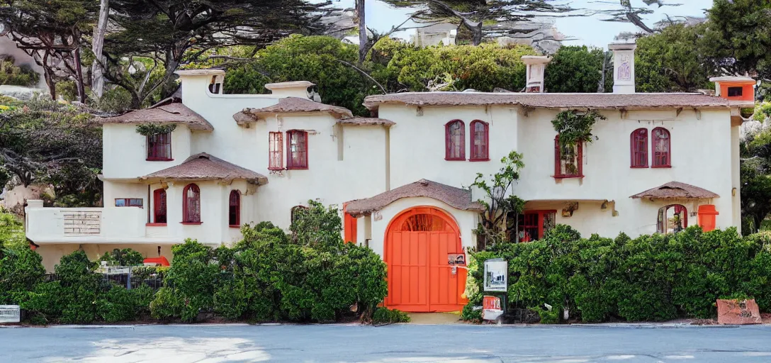 Image similar to exterior of house designed by wes anderson. monterey, ca. 2 0 2 2. 8 k.