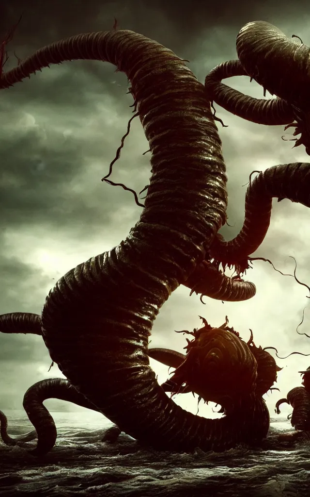 Image similar to pirates fighting giant screaming worm, cinematic atmosphere, maximized, high detail, 8k, ornate, dark fantasy, masterpiece, complex, film still from the movie directed by Denis Villeneuve