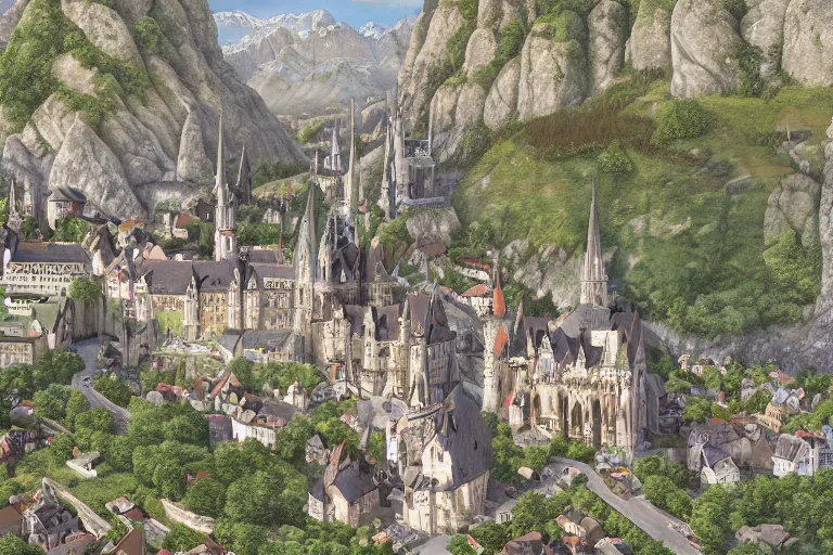 Prompt: an ultra detailed matte landscape painting of an german medieval capital city built into the side of a mountain, gothic architecture, sweeping vista, a large highway leading to tiny coastal fishing village very far away, ultrawide lens, aerial photography, 8 k, volumetric lighting, smooth, highly detailed, digital illustration, art by greg rutkowski and akira toriyama and artgerm