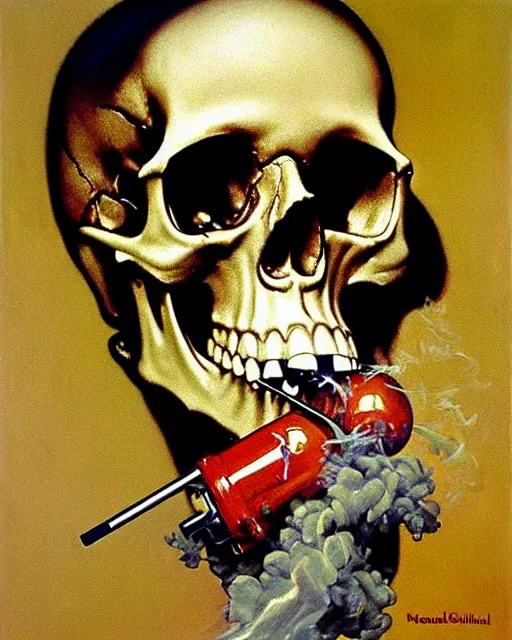 Image similar to oil geometric painting of skull skeletons smoking weed by norman rockwell