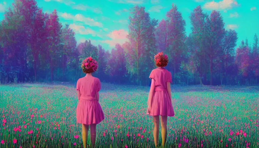 Image similar to girl with an blooming flower face, surreal photography, dream, standing in flower field, hills, big trees, sunrise dramatic light, impressionist painting, colorful clouds, digital painting, pointillism, artstation, simon stalenhag