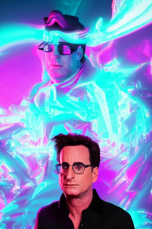 Image similar to bob saget, vaporwave style, dramatic, character showcase, dynamic lighting, 8 k, unreal 5 render, ray tracing, hyperrealistic, intricate, color grading