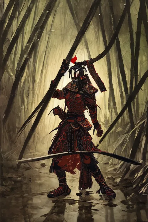 Image similar to a warrior in an epic samurai armor in dark japanese bamboo forest with light shafts, by jesper ejsing and maciej kuciara