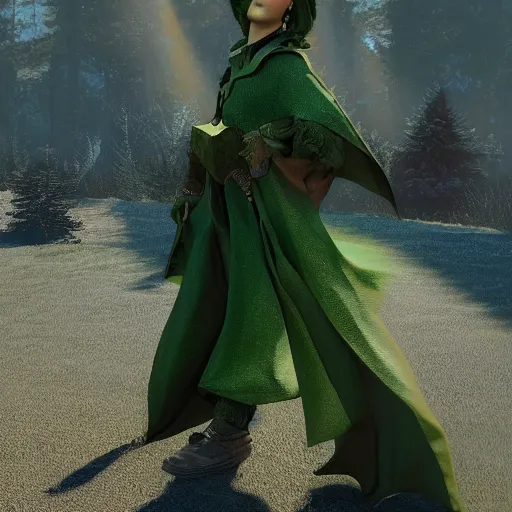 Prompt: western fantasy bard style clothing design, green tones, dark green cape,. artstation, volumetric light, detailed, photorealistic, fantasy, rendered in octane