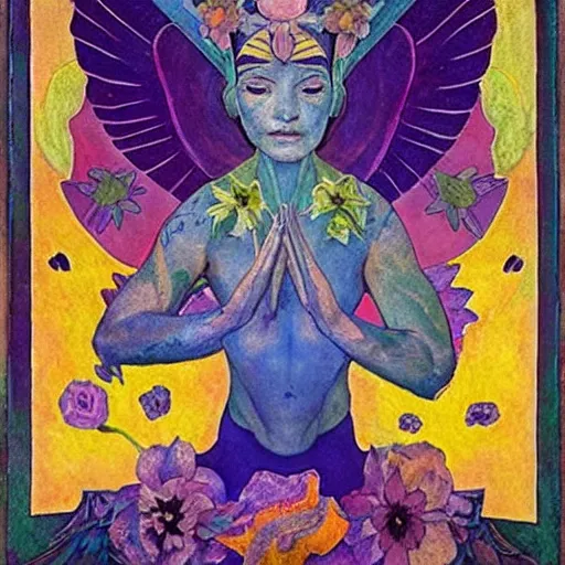 Prompt: the flower god, by Annie Swynnerton and Nicholas Roerich and Diego Rivera, bioluminescent skin, tattoos, wings made out of flowers, elaborate costume, geometric ornament, symbolist, cool colors like blue and green and violet, smooth, sharp focus, extremely detailed