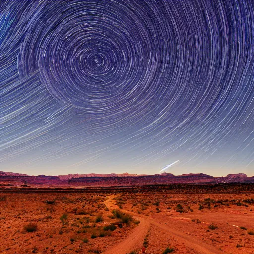 Prompt: wide angle landscape photograph long exposure of star trails in the desert in utah, 4 k photo