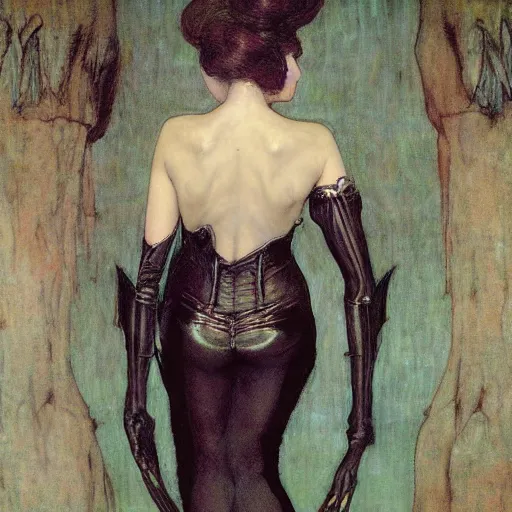 Image similar to masterpiece full body portrait of a beautiful vampire woman with a perfect body wearing silk slip in a dungeon setting, by Edgar Maxence and Ross Tran and Michael Whelan and Gustav Klimpt