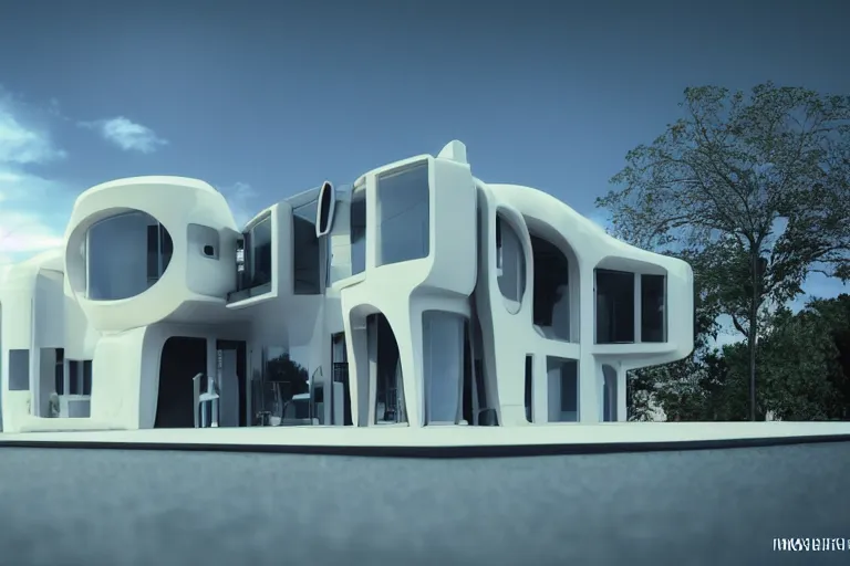 Image similar to photo of a futuristic modernized house designed in the style of seppo mantyla, 4 k, realistic render