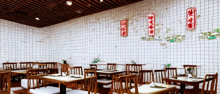 Prompt: a beautiful simple interior 4 k hd wallpaper illustration of small roasted string hotpot restaurant restaurant pagoda hill, wall corner, from china, wallpaper with pagoda and mountain and white tile floor, rectangle white porcelain table, black chair, fine simple delicate structure, chinese style, simple style structure decoration design, victo ngai, 4 k hd