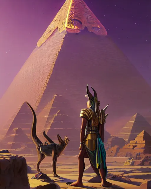 Image similar to highly detailed vfx portrait of a egyptian god anubis talking to horus with pyramid behind them, sky galaxy purple, unreal engine, greg rutkowski, loish, rhads, beeple, makoto shinkai and lois van baarle, ilya kuvshinov, rossdraws, tom bagshaw, alphonse mucha, global illumination, detailed and intricate environment